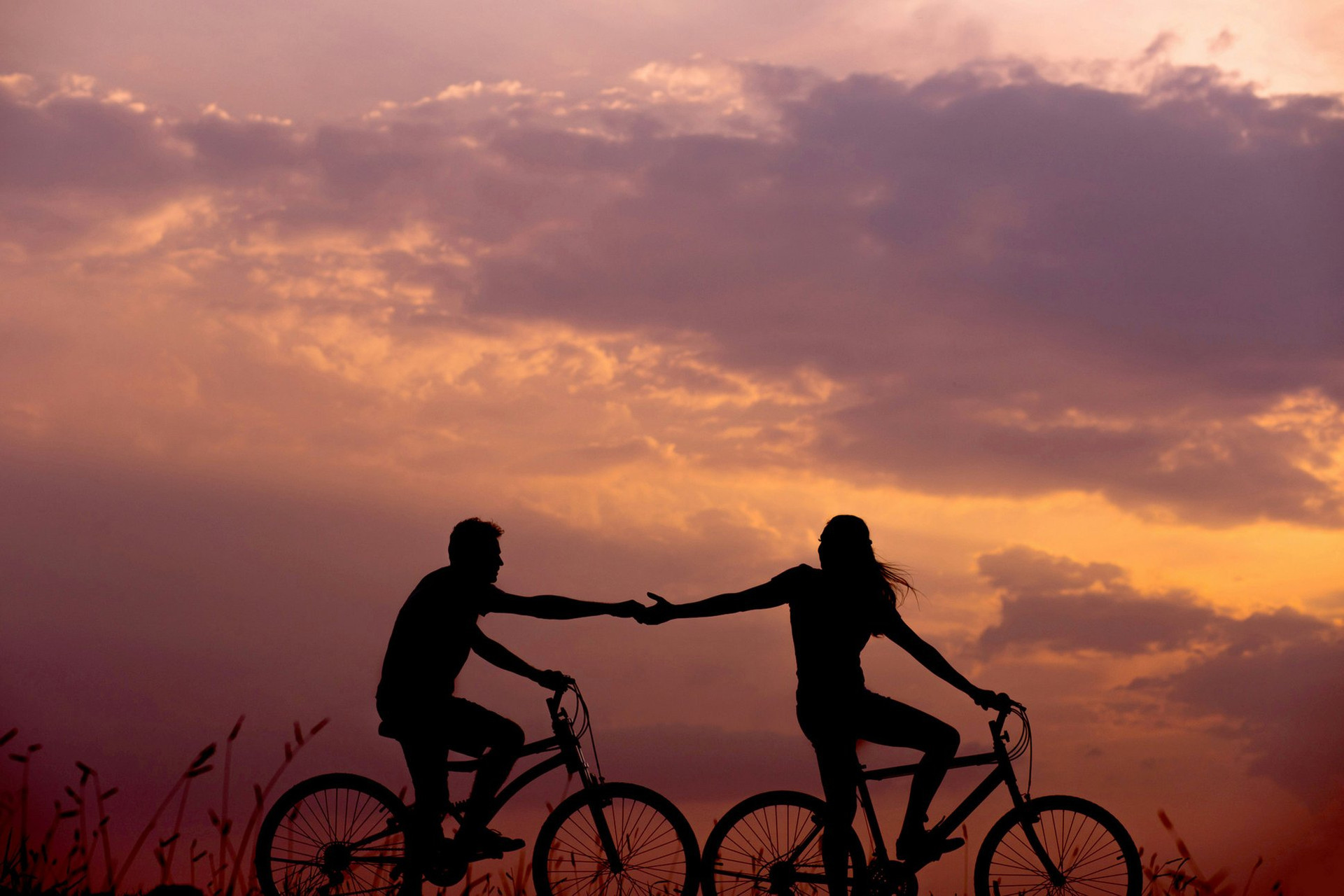 Couple à vélo se tenant la main au coucher de soleil
