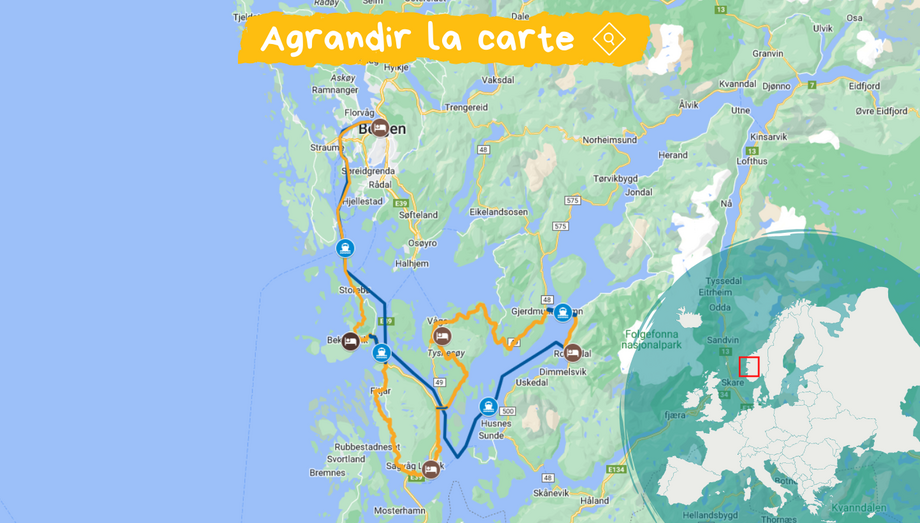 Carte montrant l'itinéraire à vélo et la localisation du séjour en Norvège