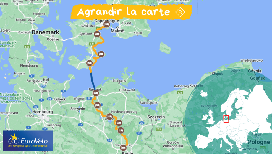 Carte montrant la localisation et l'itinéraire du voyage en Allemagne et au Dannemark