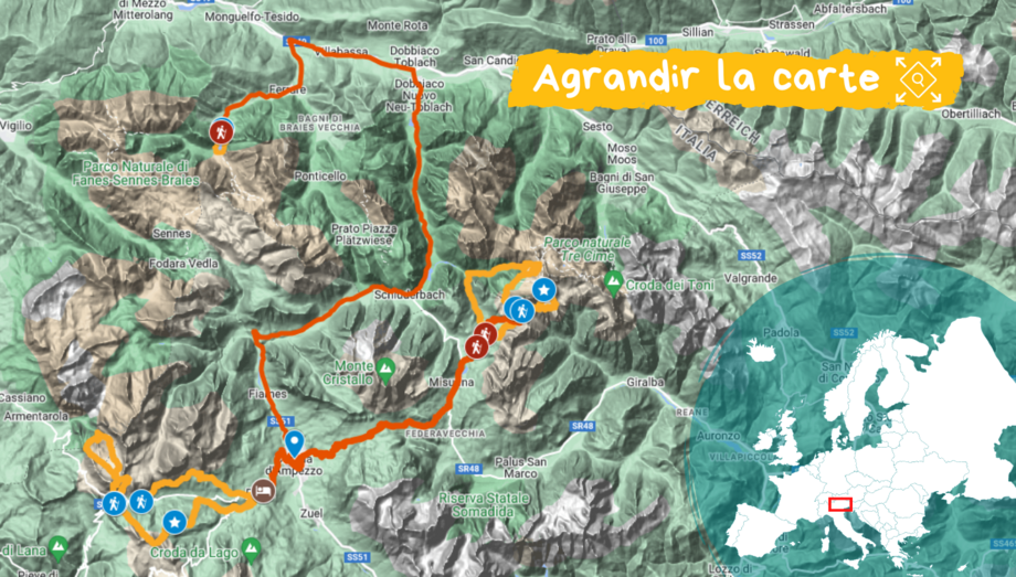 Carte montrant la localisation et l'itinéraire du voyage dans les dolomites