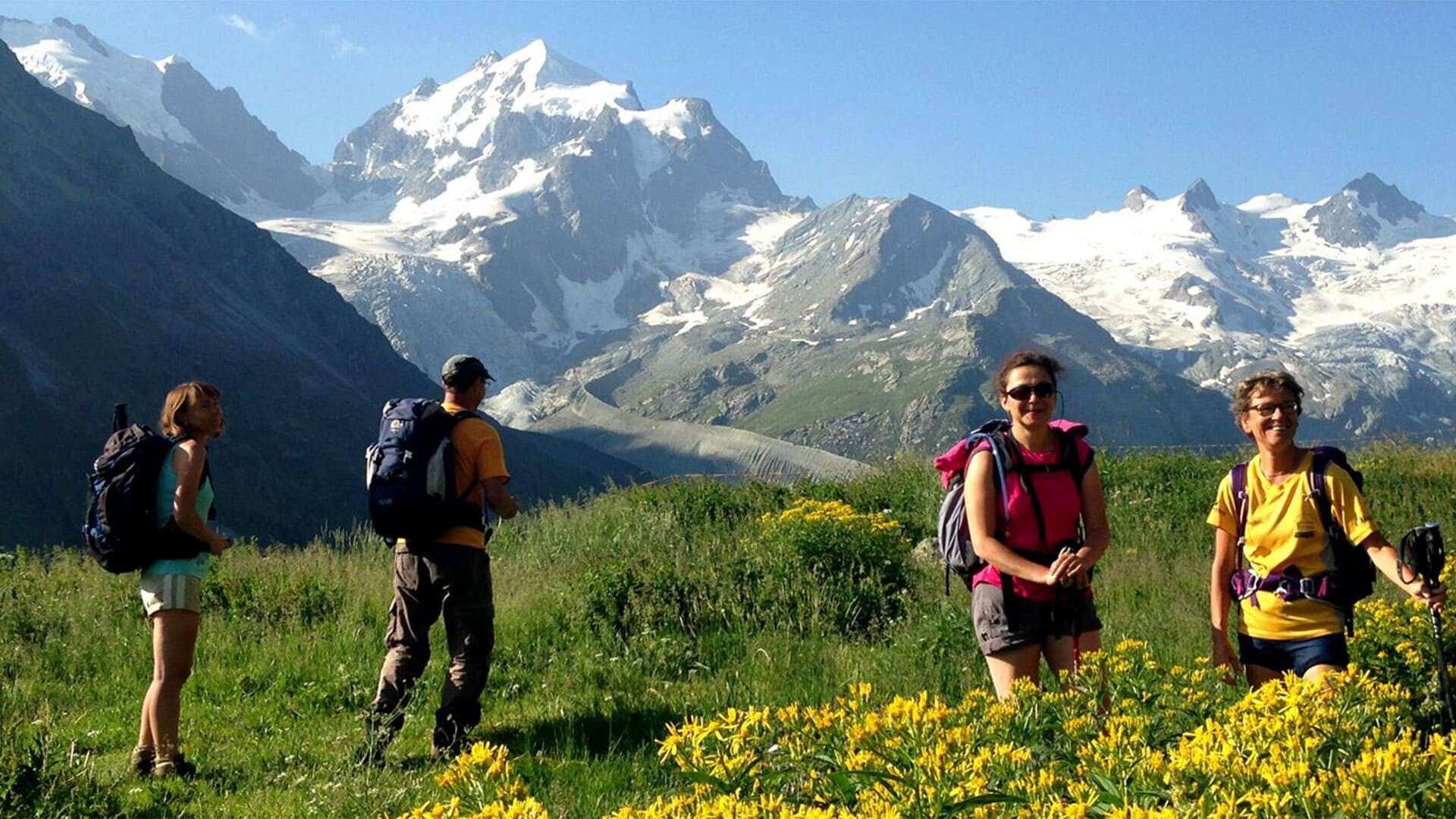 Randonneurs devant le Piz Roseg 