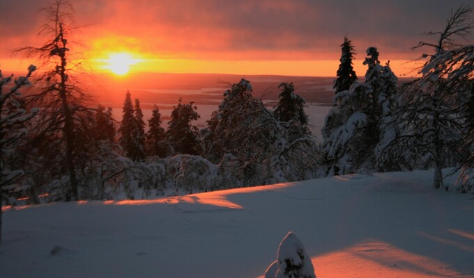 Coucher de soleil sur la neige finlandaise