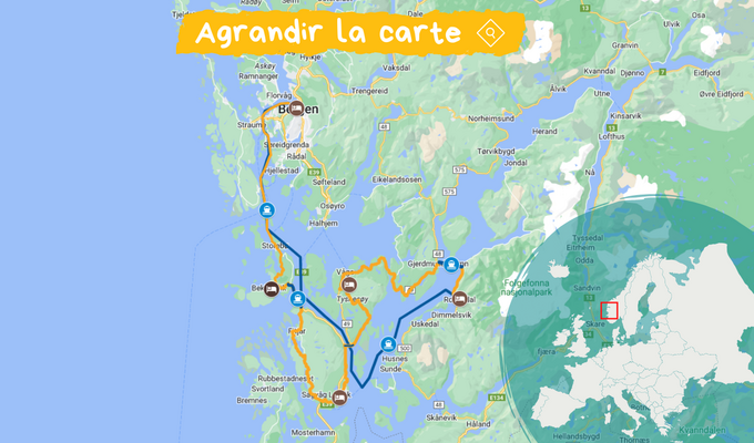 Carte montrant l'itinéraire à vélo et la localisation du séjour en Norvège