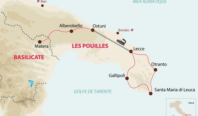 Carte itinéraire "Les Pouilles à vélo"