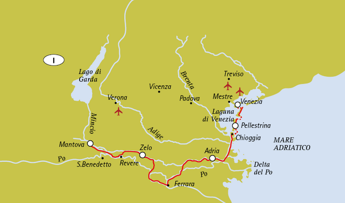 Carte itinéraire vélo de mantoue à venise le long du po