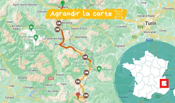 Carte et itinéraire du GR5 de Modane à Larche