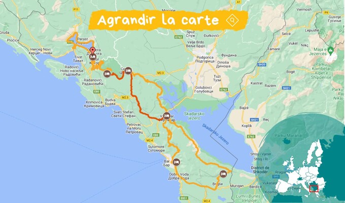 Carte Monténégro à vélo lac de skadar et littoral